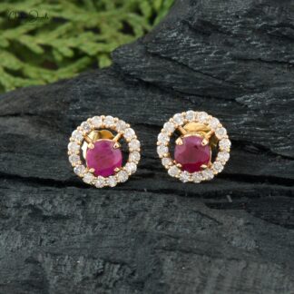 Natural Burma Ruby Handmade Halo Studs Earring in 14k Yellow Gold