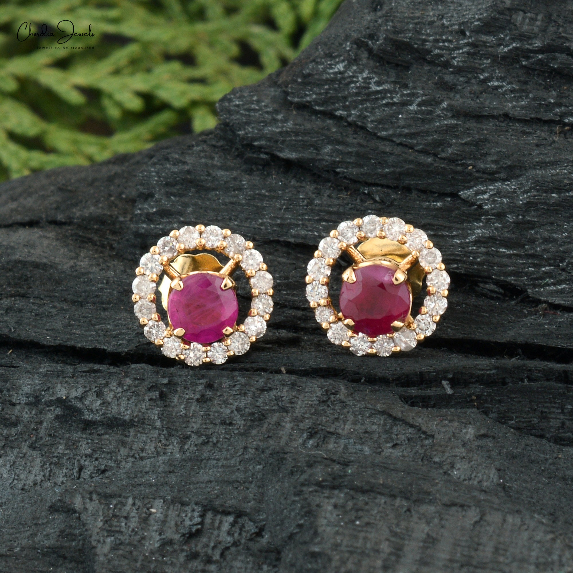 Natural Burma Ruby Handmade Halo Studs Earring in 14k Yellow Gold
