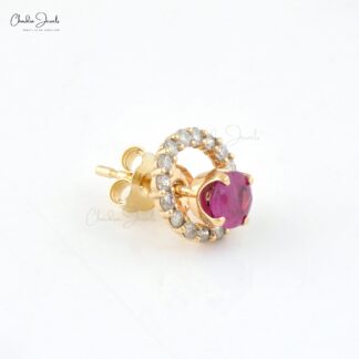 Natural Burma Ruby Handmade Halo Studs Earring in 14k Yellow Gold