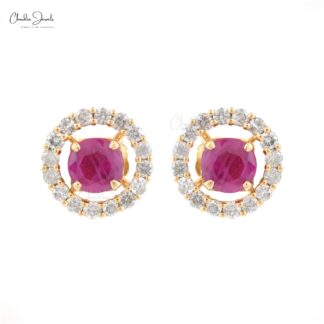 Natural Burma Ruby Handmade Halo Studs Earring in 14k Yellow Gold