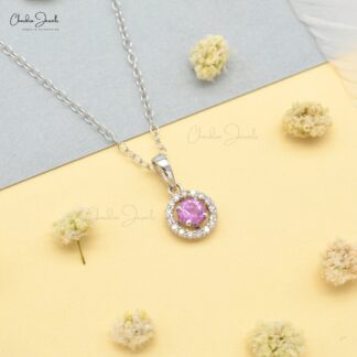 Real 14k White Gold Halo Charm in 4mm Pink Sapphire And Diamond Pendant For Women