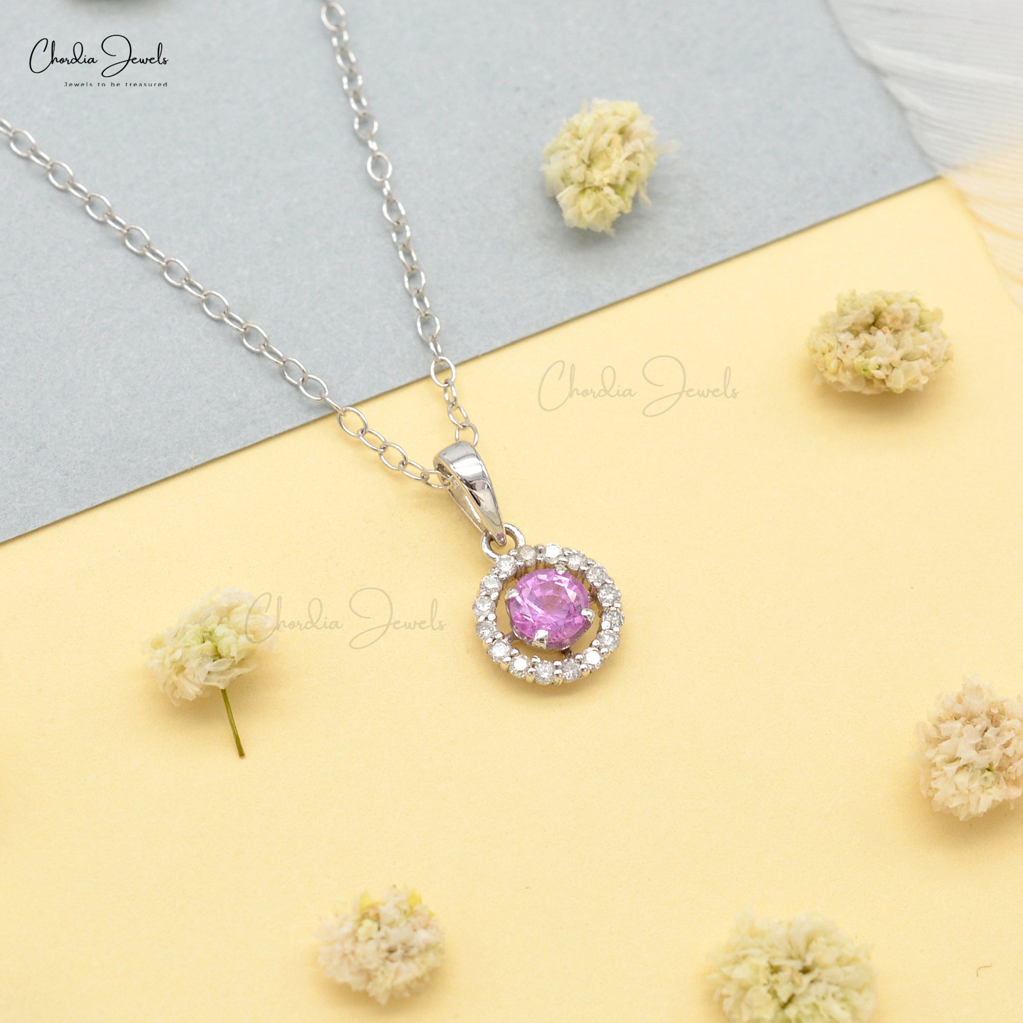 Real 14k White Gold Halo Charm in 4mm Pink Sapphire And Diamond Pendant For Women