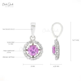 Real 14k White Gold Halo Charm in 4mm Pink Sapphire And Diamond Pendant For Women