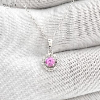 Real 14k White Gold Halo Charm in 4mm Pink Sapphire And Diamond Pendant For Women