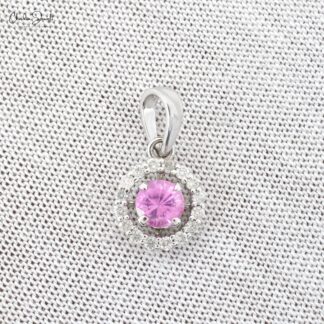 Real 14k White Gold Halo Charm in 4mm Pink Sapphire And Diamond Pendant For Women