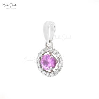 Real 14k White Gold Halo Charm in 4mm Pink Sapphire And Diamond Pendant For Women