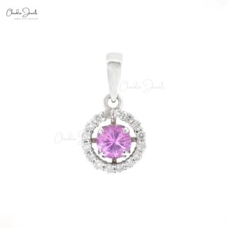 Real 14k White Gold Halo Charm in 4mm Pink Sapphire And Diamond Pendant For Women