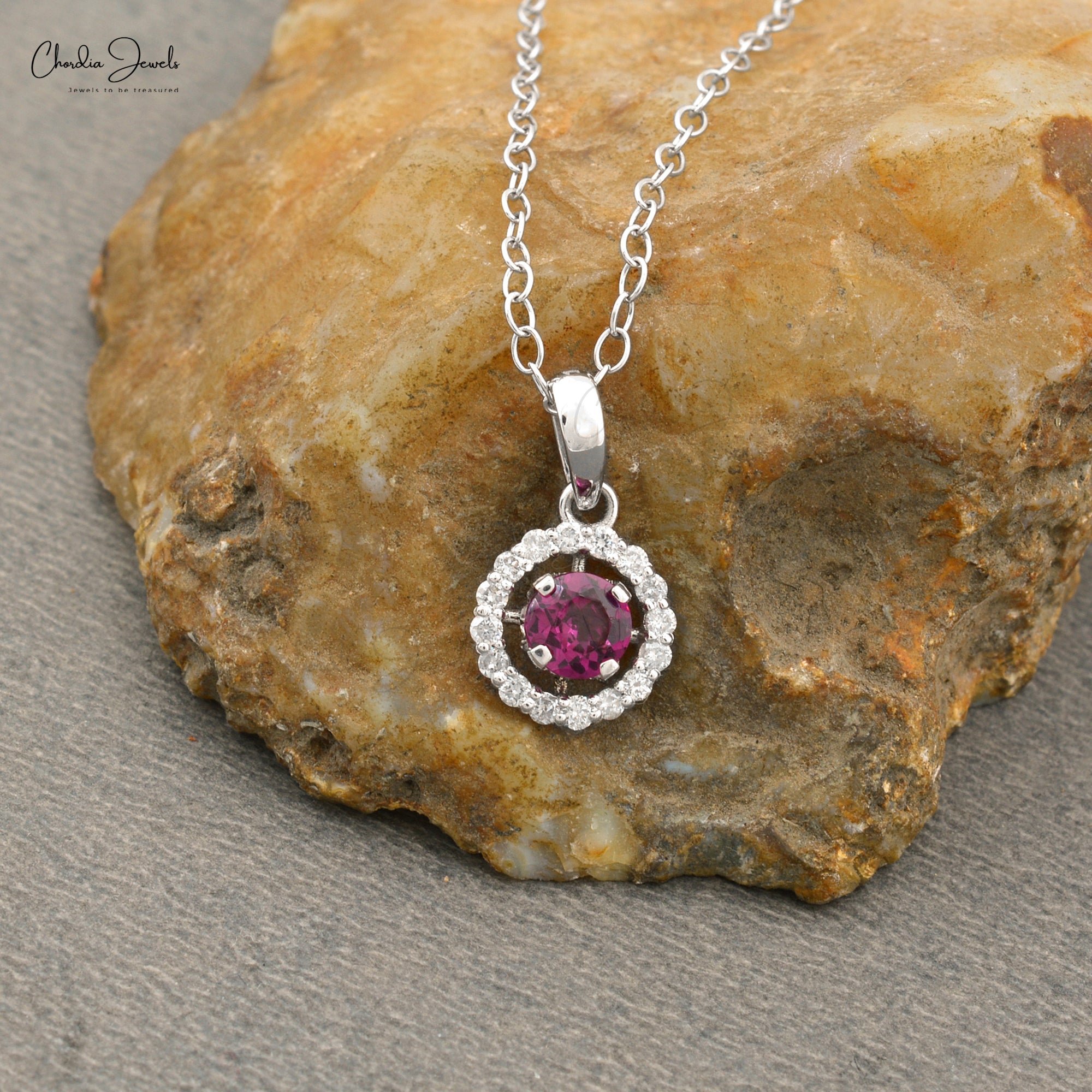 Round Halo Gemstone Charm in Real 14k White Gold Rhodolite Garnet And Diamond Pendant