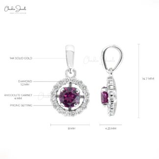 Round Halo Gemstone Charm in Real 14k White Gold Rhodolite Garnet And Diamond Pendant