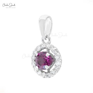 Round Halo Gemstone Charm in Real 14k White Gold Rhodolite Garnet And Diamond Pendant