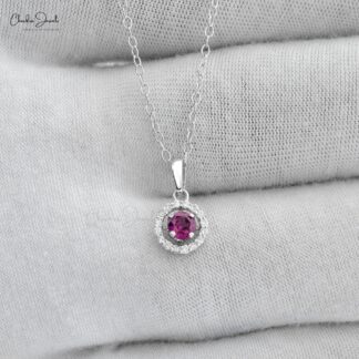 Round Halo Gemstone Charm in Real 14k White Gold Rhodolite Garnet And Diamond Pendant