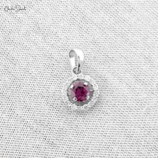 Round Halo Gemstone Charm in Real 14k White Gold Rhodolite Garnet And Diamond Pendant