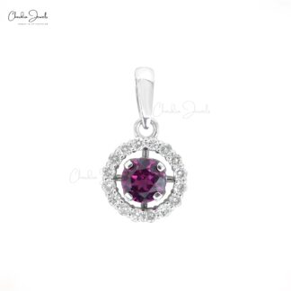Round Halo Gemstone Charm in Real 14k White Gold Rhodolite Garnet And Diamond Pendant