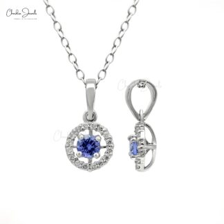 14K Solid White Gold Tanzanite Diamond Halo Pendant for women