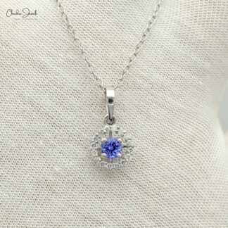 Elegant Tanzanite Diamond Halo Pendant with diamond accents