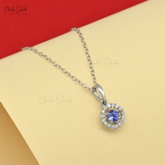 Tanzanite Diamond Halo Pendant in 14K Solid White Gold