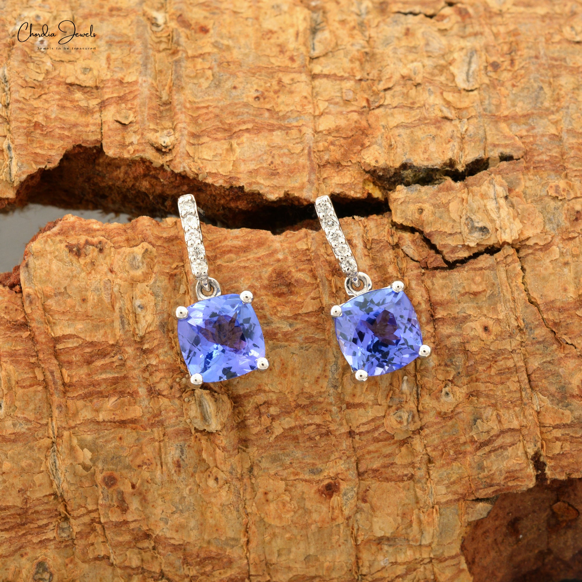 Natural Tanzanite & Diamond Dangle Earrings 6mm Cushion Cut Gemstone Art Deco Earrings 14k Real White Gold Handmade Jewelry