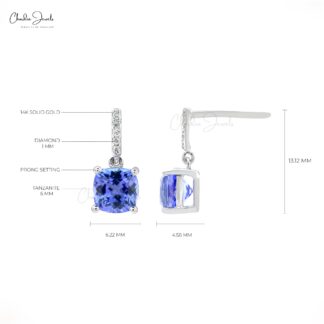Natural Tanzanite & Diamond Dangle Earrings 6mm Cushion Cut Gemstone Art Deco Earrings 14k Real White Gold Handmade Jewelry
