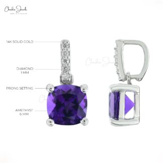 African Amethyst 0.98 Ct Gemstone and Diamond Bar 14k Real Gold Dangle Pendant