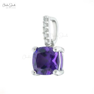 African Amethyst 0.98 Ct Gemstone and Diamond Bar 14k Real Gold Dangle Pendant