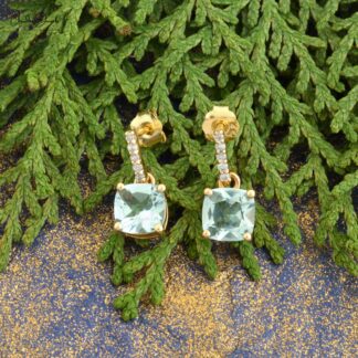 Natural Aquamarine Dangling Earrings 6mm Cushion Cut Gemstone Earrings 14k Solid Yellow Gold Earrings For Women's