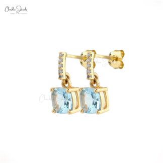 Natural Aquamarine Dangling Earrings 6mm Cushion Cut Gemstone Earrings 14k Solid Yellow Gold Earrings For Women’s