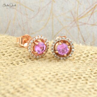 September Birthstone Natural Pink Sapphire Halo Earrings 4mm Round Cut Gemstone Prong Set Earrings 14k Solid Rose Gold Diamond Earrings For Anniversary Gift