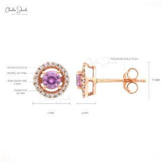 September Birthstone Natural Pink Sapphire Halo Earrings 4mm Round Cut Gemstone Prong Set Earrings 14k Solid Rose Gold Diamond Earrings For Anniversary Gift