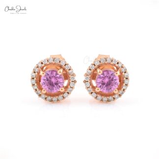 September Birthstone Natural Pink Sapphire Halo Earrings 4mm Round Cut Gemstone Prong Set Earrings 14k Solid Rose Gold Diamond Earrings For Anniversary Gift