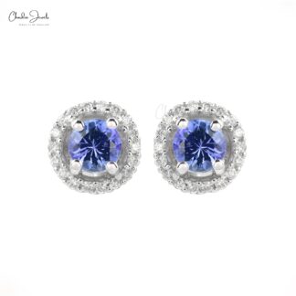Elegant Tanzanite Diamond Halo Earrings in 14k Solid White Gold Round-Cut Delicate Studs For Gift