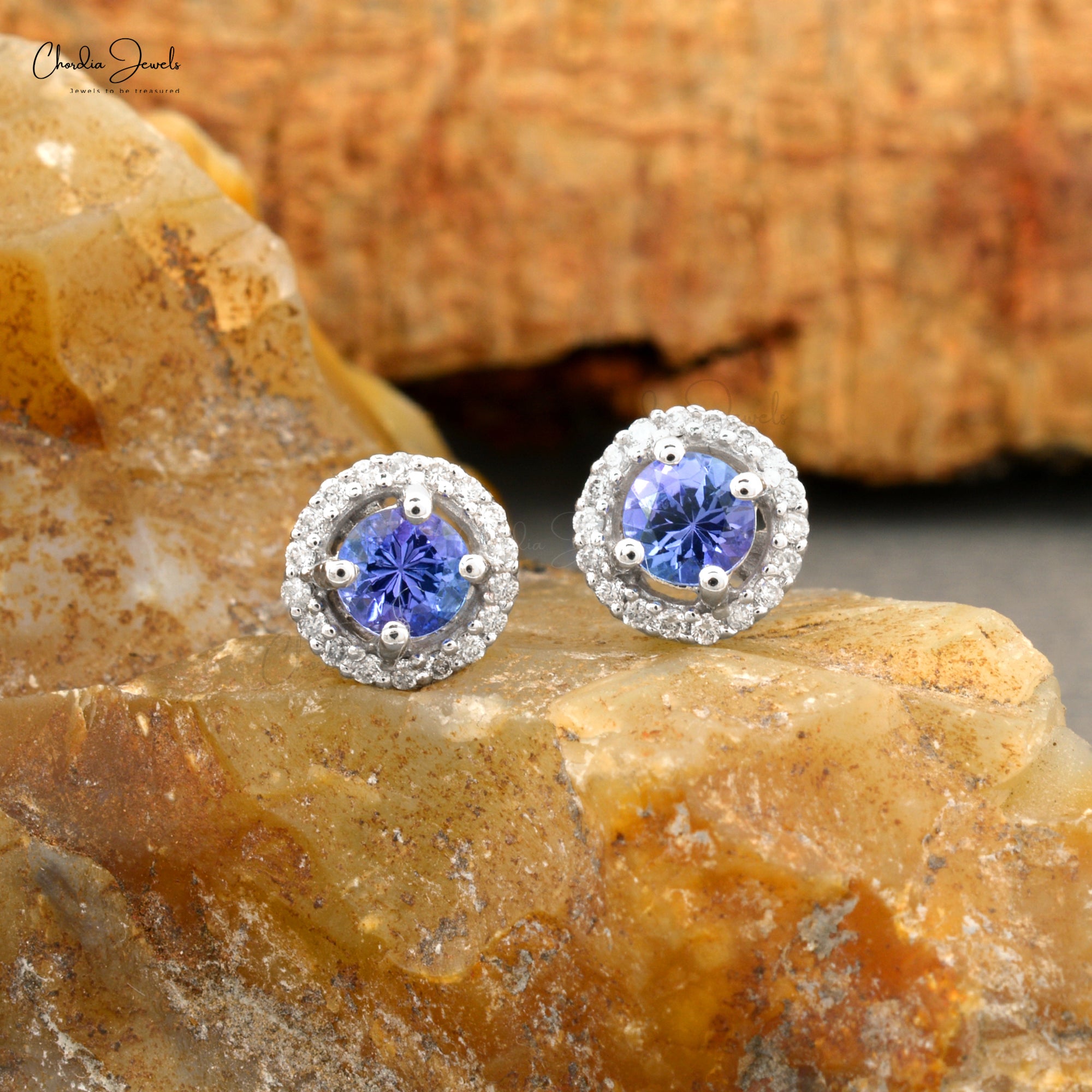 Elegant Tanzanite Diamond Halo Earrings in 14k Solid White Gold Round-Cut Delicate Studs For Gift