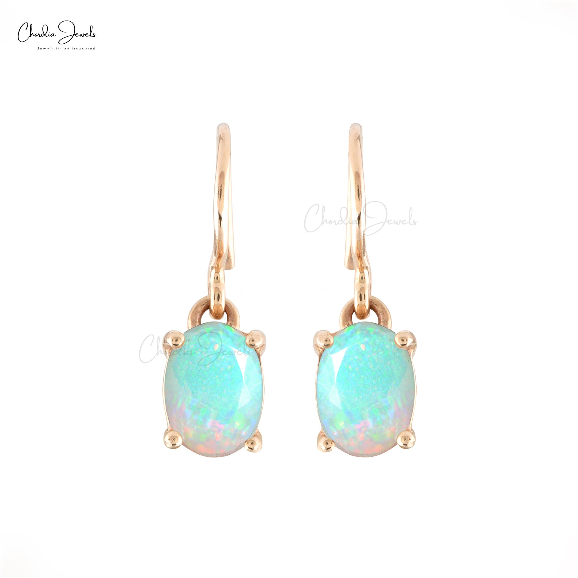 Natural Opal Earrings 7x5mm Oval Cut Gemstone Prong Set Earrings 14k Solid Rose Gold Dangle Earrings For Birthday Gift