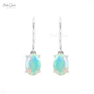Natural Opal Danglers Earrings 14k Solid White Gold Earrings 7x5mm Oval Cut Gemstone Earrings For Her