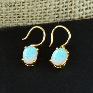 Genuine Ethiopian Opal Earrings 7x5mm Oval Cut Gemstone Earrings 14k Solid Yellow Gold Dangling Earrings For Women's