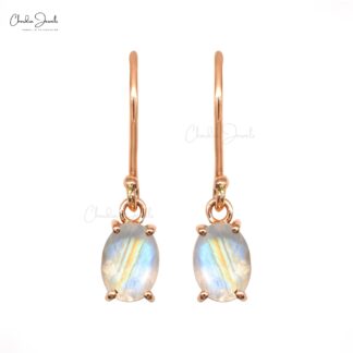 Solitaire Dangle Hook Earring In 14k Rose Gold Rainbow Moonstone 7x5mm Oval Women Earrings