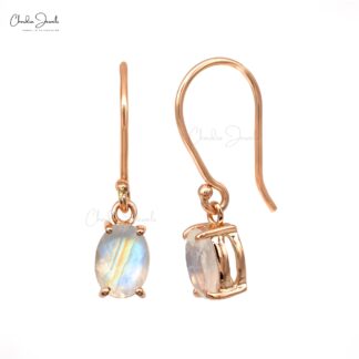 Solitaire Dangle Hook Earring In 14k Rose Gold Rainbow Moonstone 7x5mm Oval Women Earrings