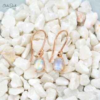Solitaire Dangle Hook Earring In 14k Rose Gold Rainbow Moonstone 7x5mm Oval Women Earrings