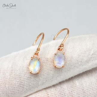 Solitaire Dangle Hook Earring In 14k Rose Gold Rainbow Moonstone 7x5mm Oval Women Earrings