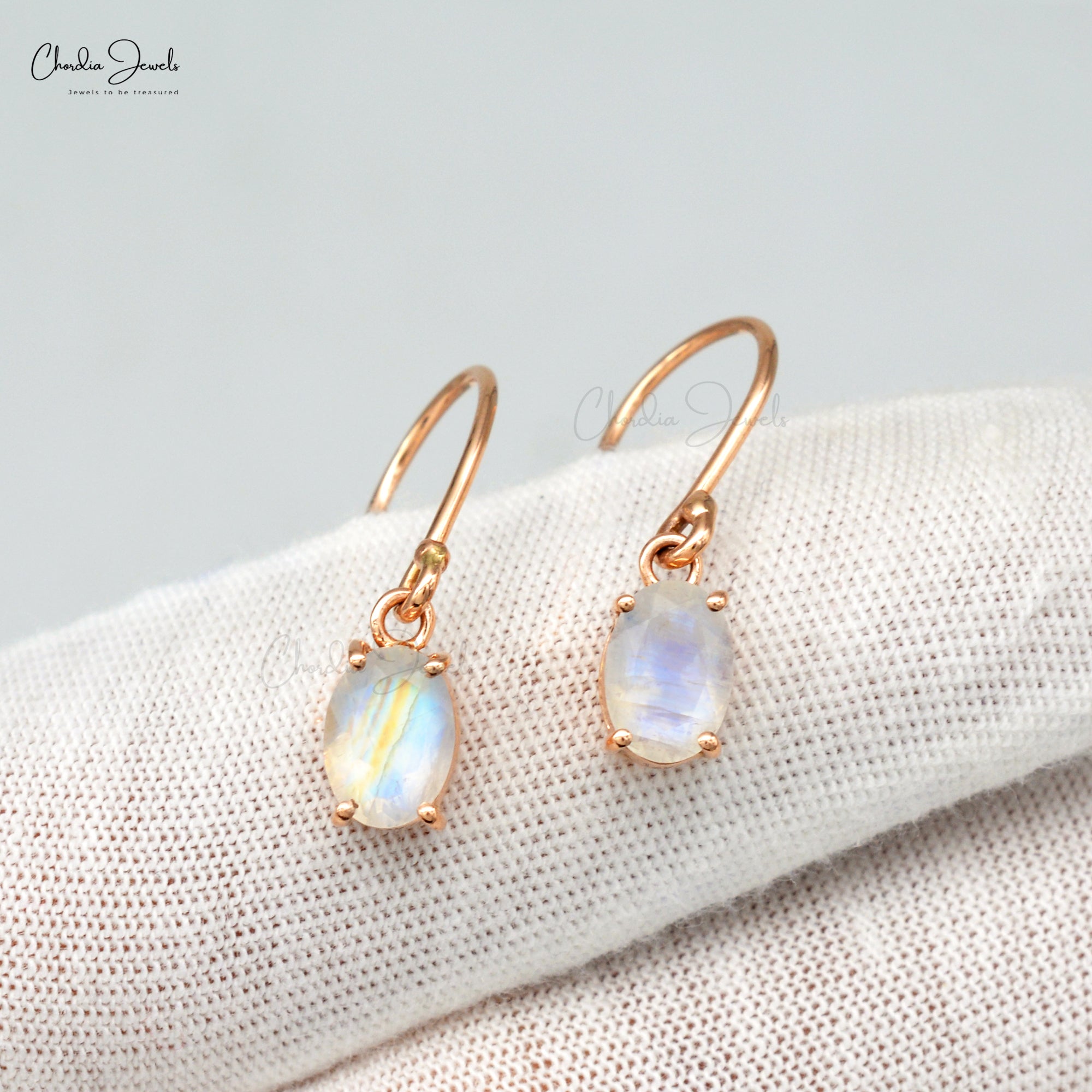 Solitaire Dangle Hook Earring In 14k Rose Gold Rainbow Moonstone 7x5mm Oval Women Earrings