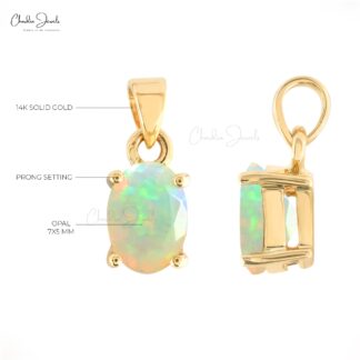 Genuine Opal Gemstone Dainty Pendant 14k Solid Yellow Gold 0.8ct October Birthstone Drop Pendant
