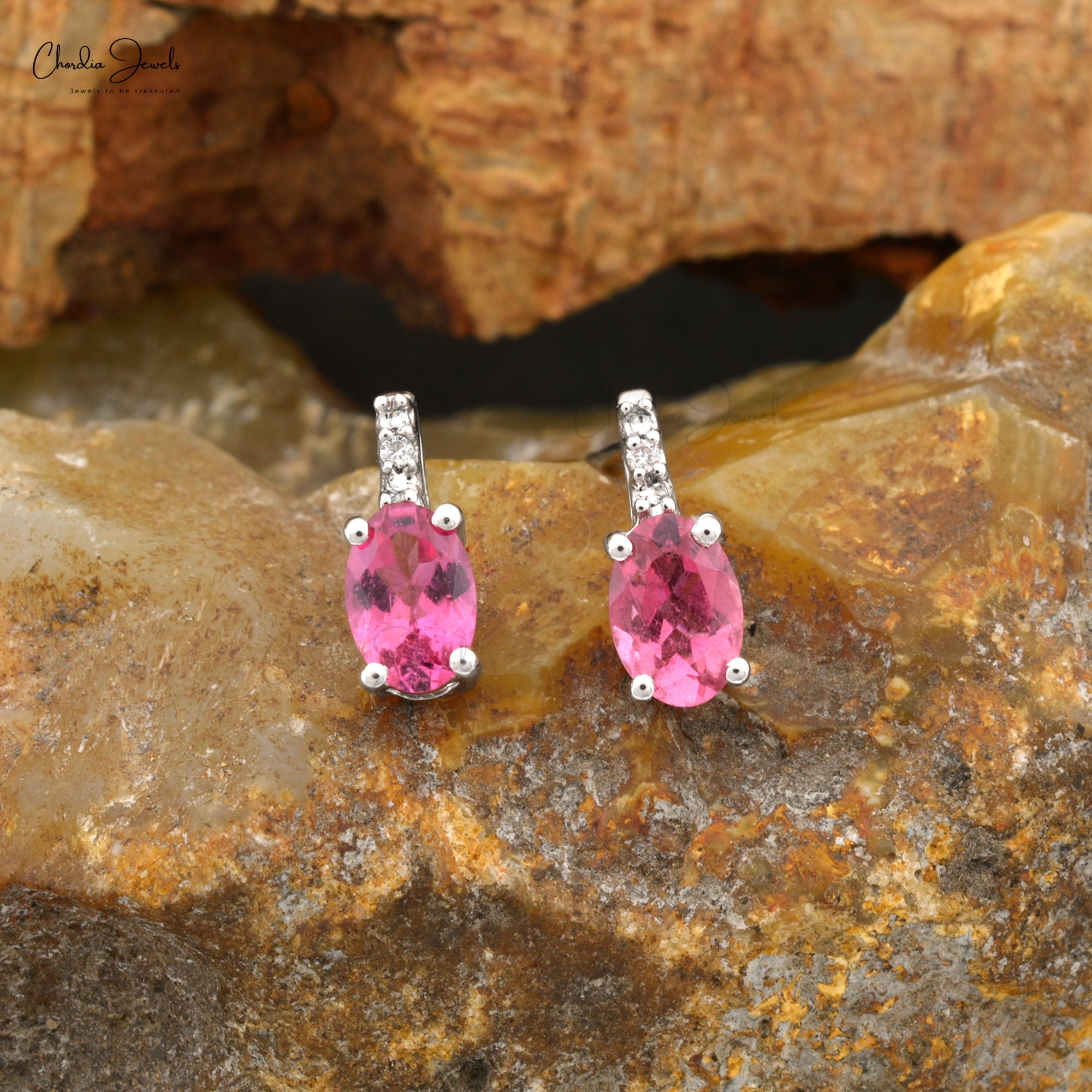 AAA Pink Tourmaline 0.88Ct & 0.008Ct Diamond Accented Earrings 14k Real White Gold Prong Set Genuine Dainty Fine Jewelry For Her