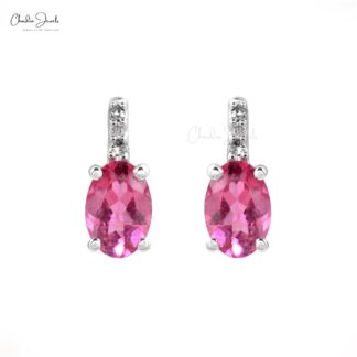 AAA Pink Tourmaline 0.88Ct & 0.008Ct Diamond Accented Earrings 14k Real White Gold Prong Set Genuine Dainty Fine Jewelry For Her