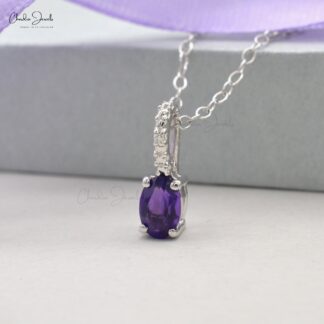 Dainty Hidden Bail Locket With 6x4mm Amethyst And Diamond 14k White Gold Pendant