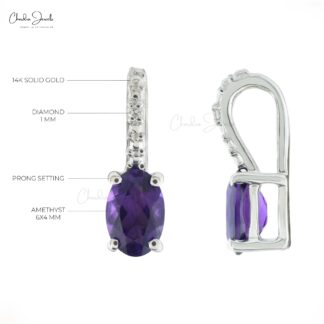 Dainty Hidden Bail Locket With 6x4mm Amethyst And Diamond 14k White Gold Pendant