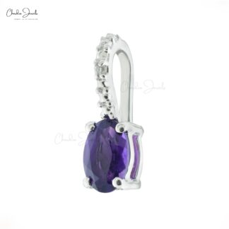 Dainty Hidden Bail Locket With 6x4mm Amethyst And Diamond 14k White Gold Pendant