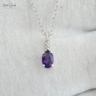 Dainty Hidden Bail Locket With 6x4mm Amethyst And Diamond 14k White Gold Pendant