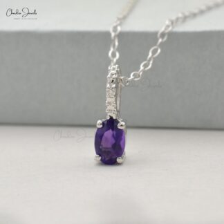 Dainty Hidden Bail Locket With 6x4mm Amethyst And Diamond 14k White Gold Pendant