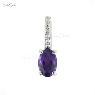 Dainty Hidden Bail Locket With 6x4mm Amethyst And Diamond 14k White Gold Pendant