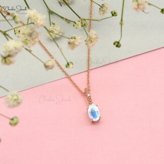 Beautiful Hidden Bail Pendant Necklace Studded White Diamond Authentic Rainbow Moonstone Pendant in Pure 14k Rose Gold Mother’s Day Gift