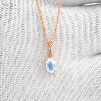 Beautiful Hidden Bail Pendant Necklace Studded White Diamond Authentic Rainbow Moonstone Pendant in Pure 14k Rose Gold Mother’s Day Gift